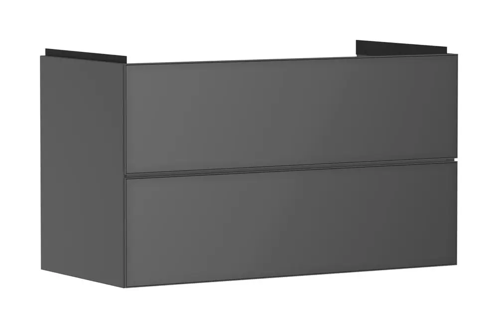 Waschtischunterschrank in schiefergrau, mit zwei Schubkästen. Produkt von Hansgrohe, modern im Design und für Badezimmeranwendungen geeignet.